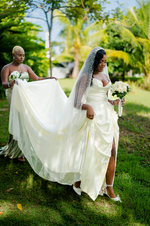 Beautiful Long Ivory A-line Strapless V-neck Split Front Wedding Dress with Ruffles