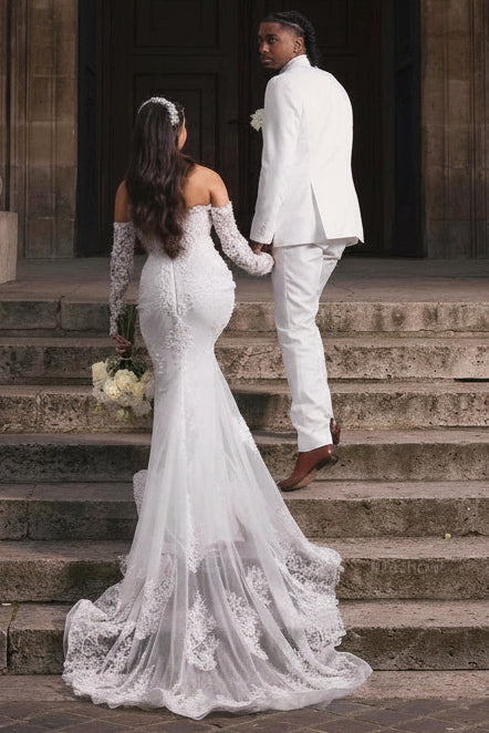 Beautiful Long White Mermaid Off-the-shoulder Lace Corset Wedding Dress with Long Sleeves