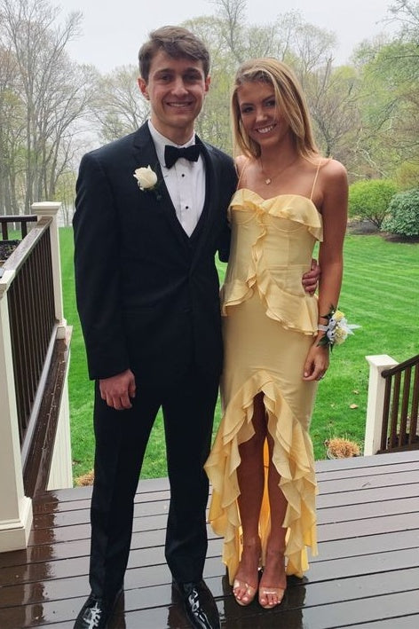 Beautiful Sheath Spaghetti Straps Yellow Long Prom Dress with Ruffles