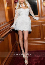 Long Sleeves Sheath Lace Low Back Ruched Short Wedding Dresses