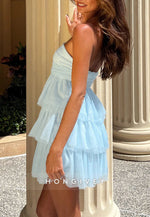Strapless Light Blue Birthday Girl Homecoming Dress Mini Party Dress with Ruffles