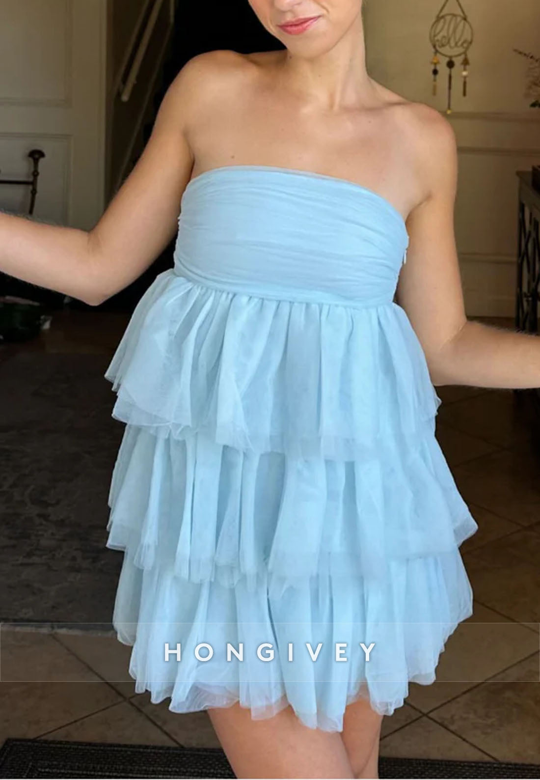 Strapless Light Blue Birthday Girl Homecoming Dress Mini Party Dress with Ruffles