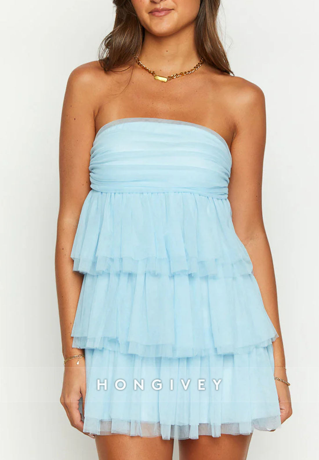 Strapless Light Blue Birthday Girl Homecoming Dress Mini Party Dress with Ruffles