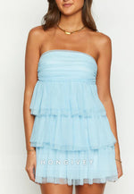 Strapless Light Blue Birthday Girl Homecoming Dress Mini Party Dress with Ruffles