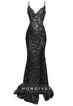 Sparkly Sequin V Neck Spaghtti Straps Side Slit Mermaid Long Prom Dresses