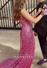 Sparkly Sequin V Neck Spaghtti Straps Side Slit Mermaid Long Prom Dresses