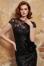 Black 3D Floral Lace Sequin Crew Neck Short Sleeve Evening Dress