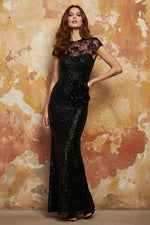 Black 3D Floral Lace Sequin Crew Neck Short Sleeve Evening Dress