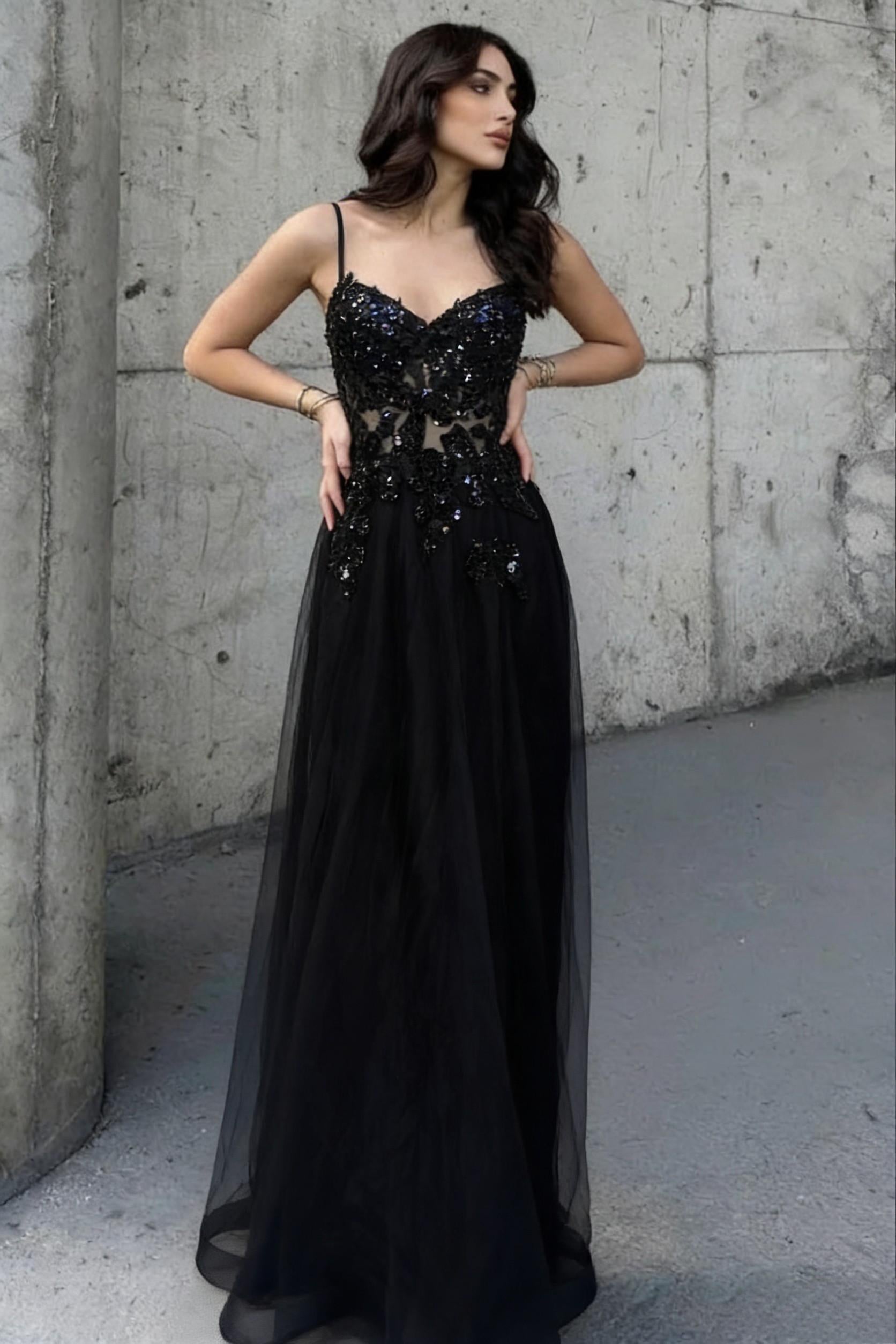 Charming A Line Spaghetti Straps Black Beaded Prom Dress with Sheer Bodice