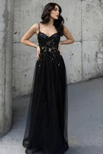 Charming A Line Spaghetti Straps Black Beaded Prom Dress with Sheer Bodice