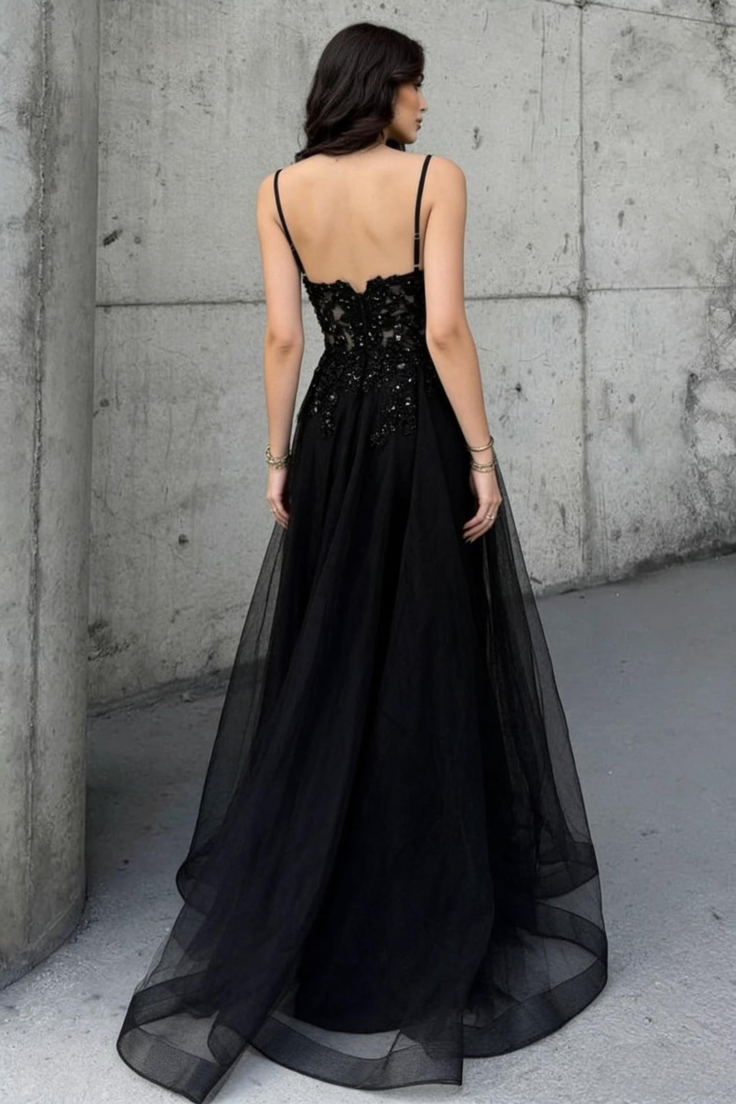 Charming A Line Spaghetti Straps Black Beaded Prom Dress with Sheer Bodice