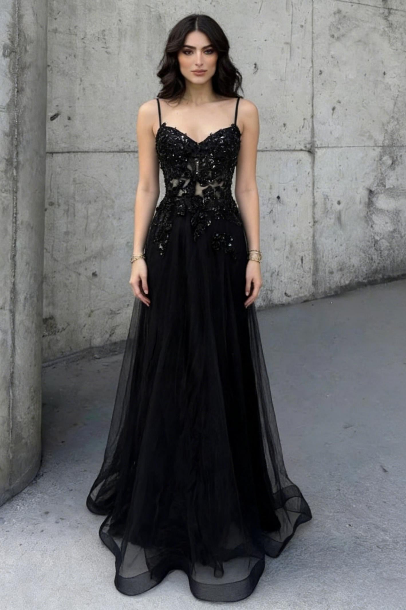 Charming A Line Spaghetti Straps Black Beaded Prom Dress with Sheer Bodice