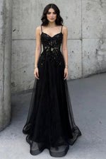 Charming A Line Spaghetti Straps Black Beaded Prom Dress with Sheer Bodice