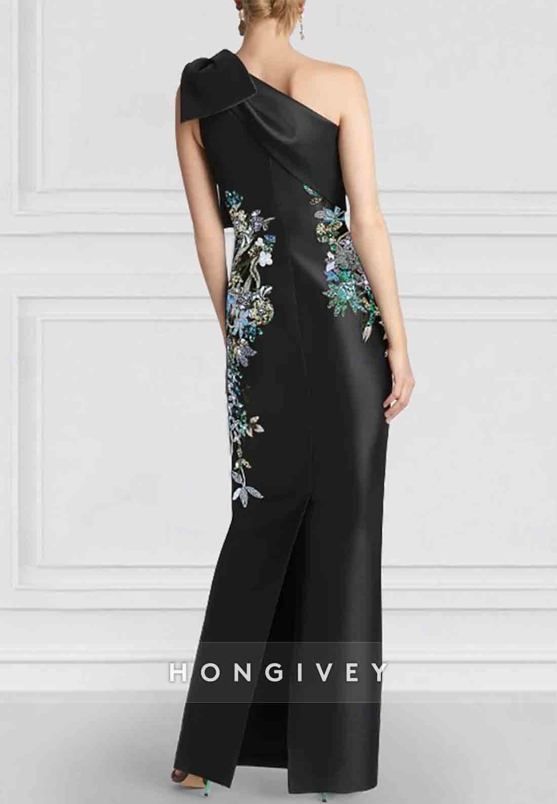 Black Floral Column Elegant Embroidered Dress One Shoulder Satin Evening Gown with Bow