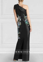 Black Floral Column Elegant Embroidered Dress One Shoulder Satin Evening Gown with Bow