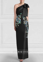 Black Floral Column Elegant Embroidered Dress One Shoulder Satin Evening Gown with Bow