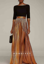 A-Line Black Gold Half Sleeves Floor Length Evening Gown with High Slit