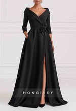 A-Line 3/4 Sleeve V-Neck Stretch Satin Evening Gown with Pocket and High Slit
