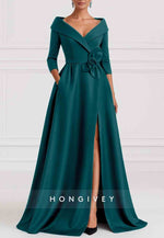 A-Line 3/4 Sleeve V-Neck Stretch Satin Evening Gown with Pocket and High Slit