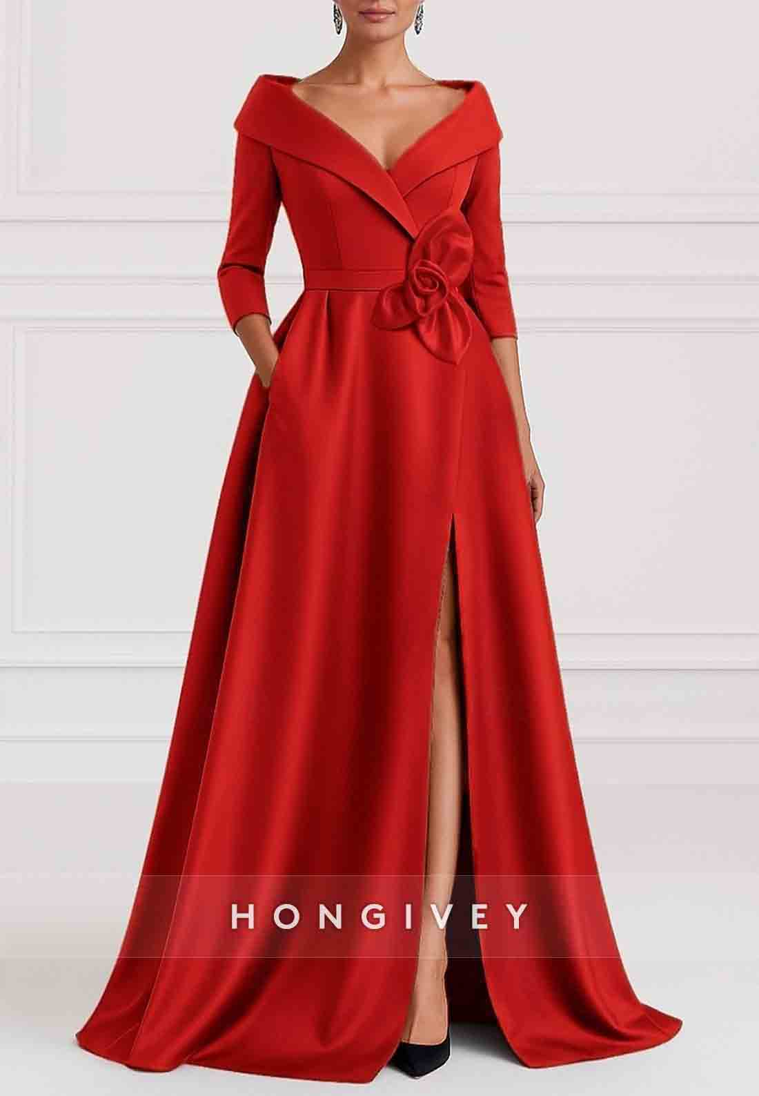 A-Line 3/4 Sleeve V-Neck Stretch Satin Evening Gown with Pocket and High Slit