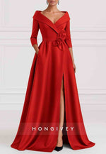 A-Line 3/4 Sleeve V-Neck Stretch Satin Evening Gown with Pocket and High Slit