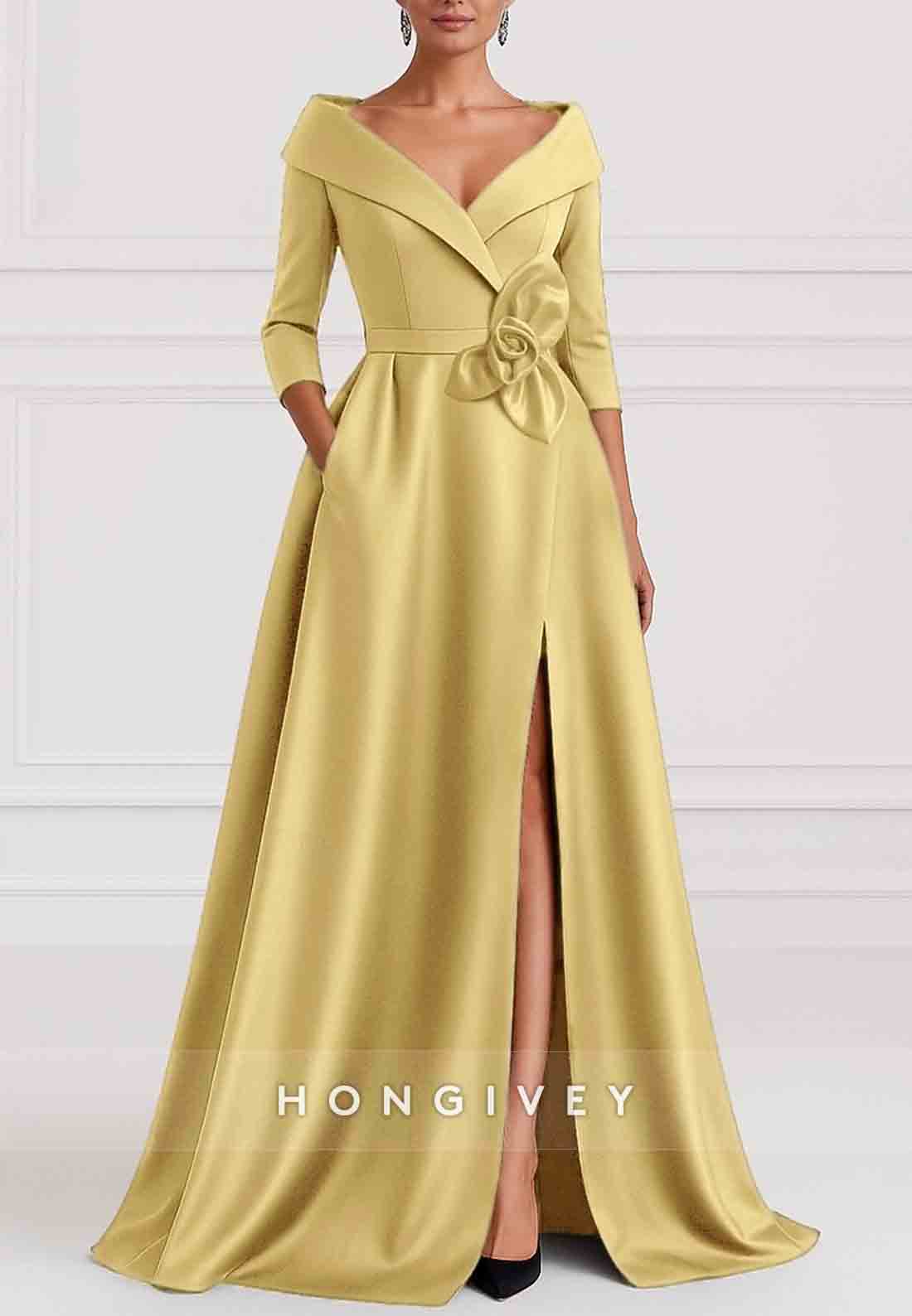 A-Line 3/4 Sleeve V-Neck Stretch Satin Evening Gown with Pocket and High Slit