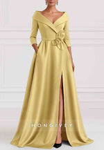 A-Line 3/4 Sleeve V-Neck Stretch Satin Evening Gown with Pocket and High Slit
