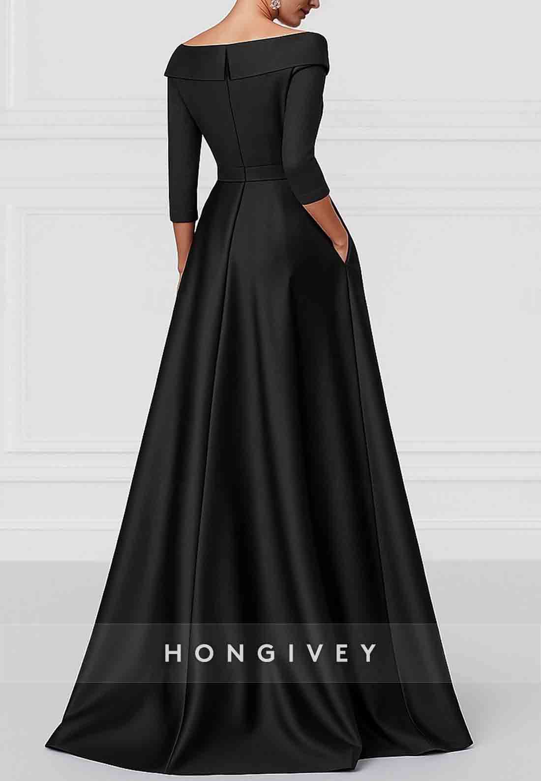 A-Line 3/4 Sleeve V-Neck Stretch Satin Evening Gown with Pocket and High Slit