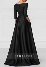 A-Line 3/4 Sleeve V-Neck Stretch Satin Evening Gown with Pocket and High Slit
