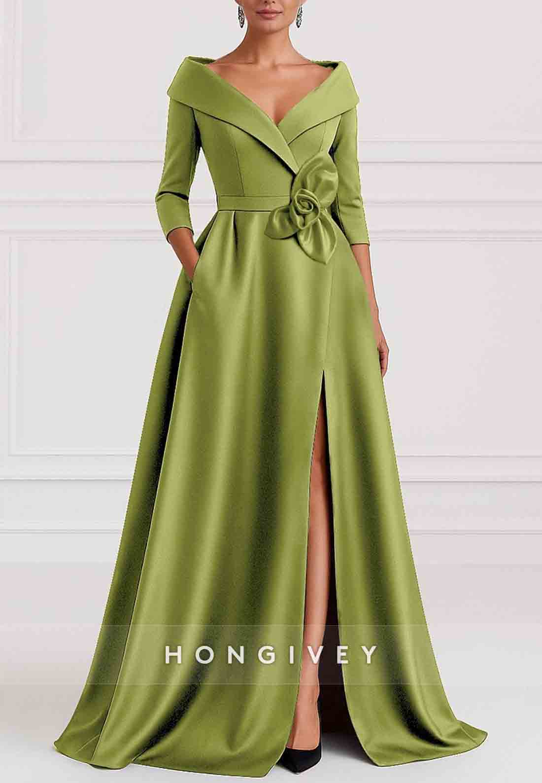 A-Line 3/4 Sleeve V-Neck Stretch Satin Evening Gown with Pocket and High Slit