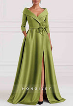 A-Line 3/4 Sleeve V-Neck Stretch Satin Evening Gown with Pocket and High Slit