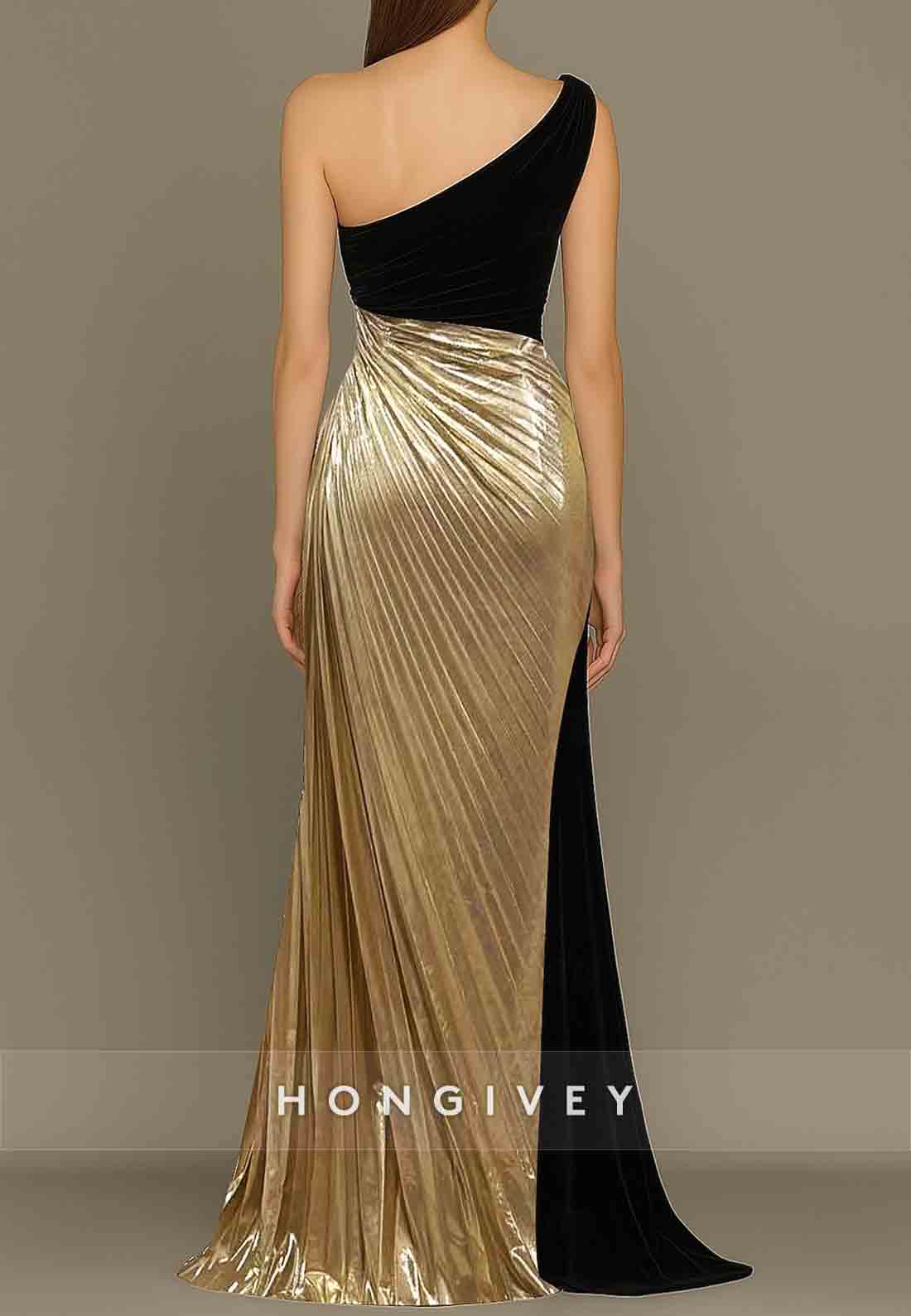 One Shoulder Black Gold Evening Gown Trumpet Satin Mother Of the Bride Dress with Rhinestone Pleats