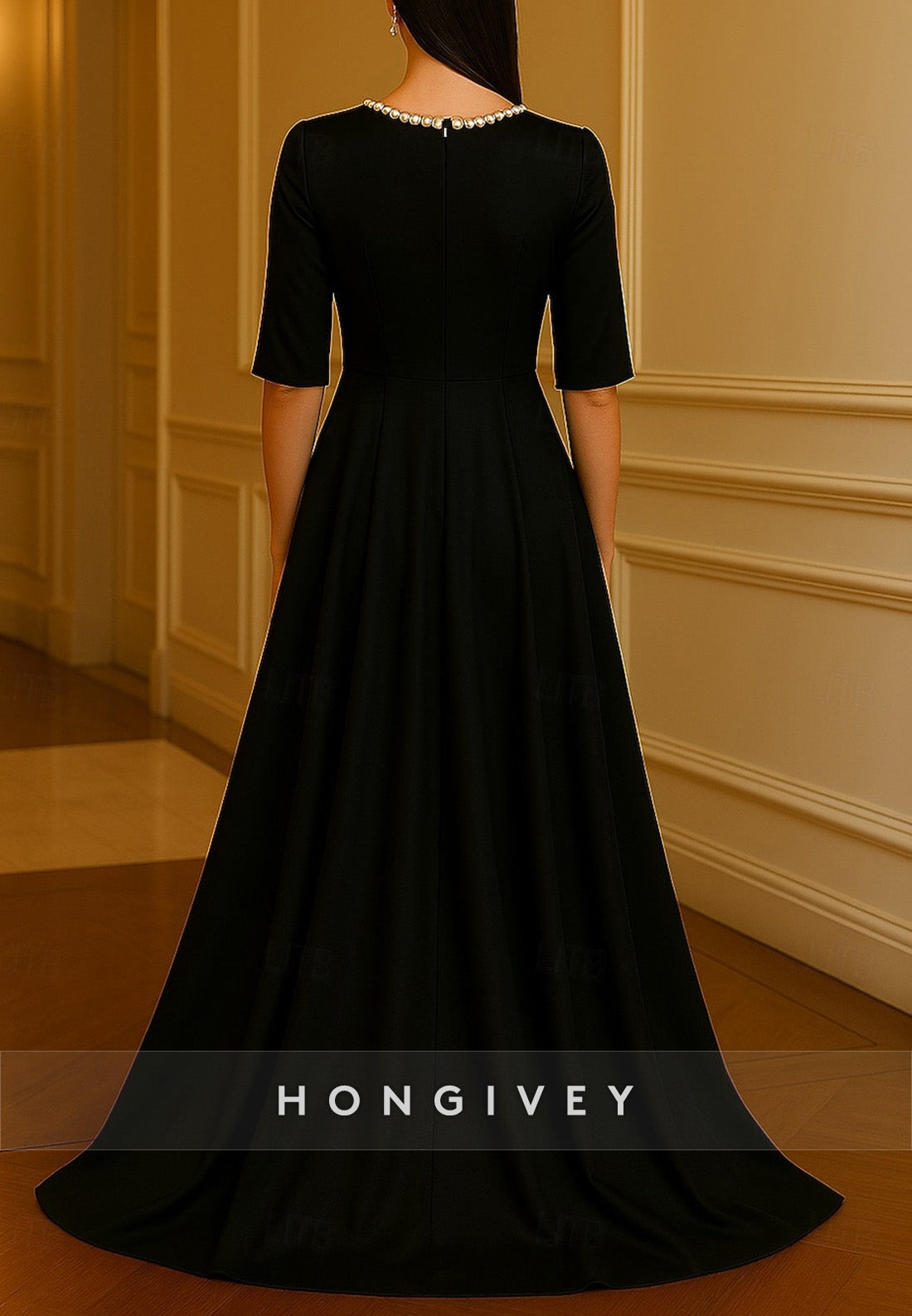 Pocket A-Line Evening Gown Formal Wedding Floor Length Half Sleeve Crew Neck Satin with Bow(s) Pearls