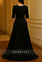 Pocket A-Line Evening Gown Formal Wedding Floor Length Half Sleeve Crew Neck Satin with Bow(s) Pearls