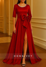 Pocket A-Line Evening Gown Formal Wedding Floor Length Half Sleeve Crew Neck Satin with Bow(s) Pearls