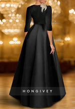 Black Tie A-Line Half Sleeves Formal Gowns Appliqued Scoop Evening Gown