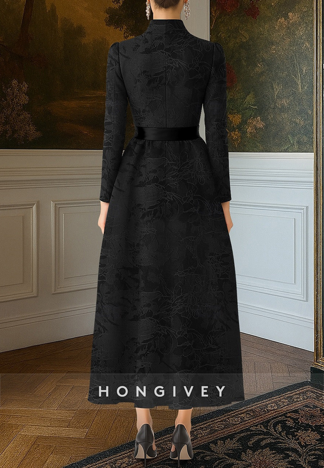 A-Line Evening Gown Long Sleeve V Neck Ankle-Length with Bowknot Mother of the Bride Dress