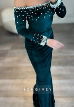 Off the Shoulder Black Tie Stretch Velvet Sheath Evening Gowns with Rhinestone