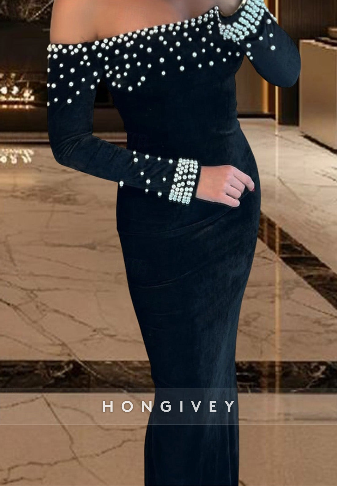 Off the Shoulder Black Tie Stretch Velvet Sheath Evening Gowns with Rhinestone