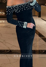 Off the Shoulder Black Tie Stretch Velvet Sheath Evening Gowns with Rhinestone
