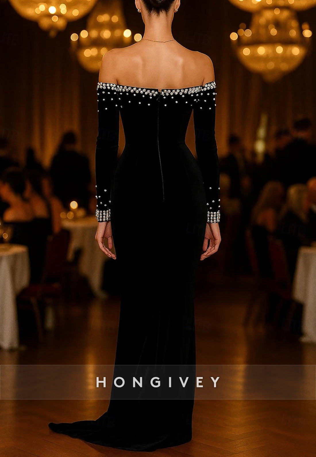 Off the Shoulder Black Tie Stretch Velvet Sheath Evening Gowns with Rhinestone
