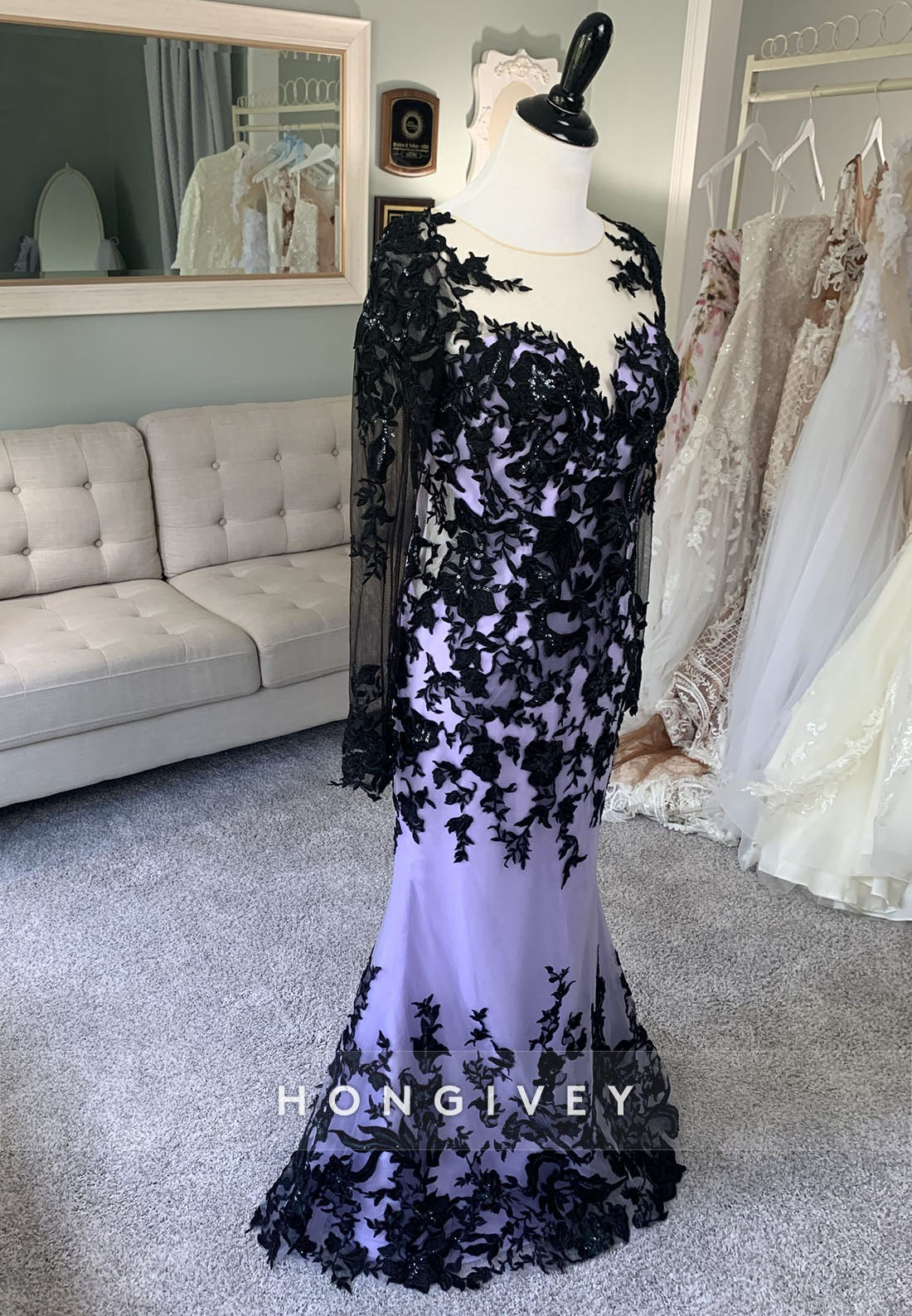 Black and Lilac Illusion Neck Floor-Length Long Sleeves Lace Mermaid Wedding Dress