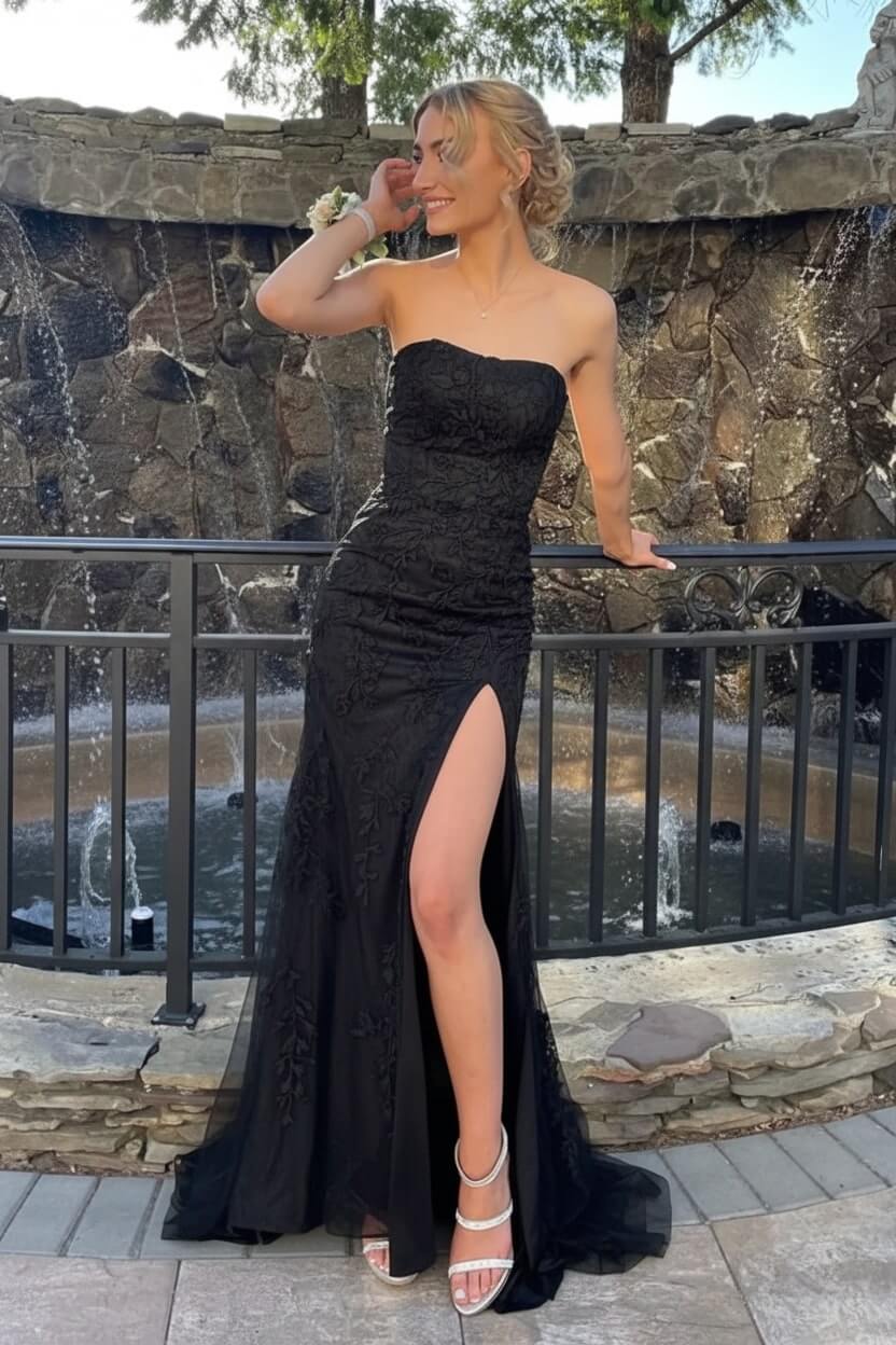 Strapless Prom Dress Mermaid Lace Long Evening Dress with Split