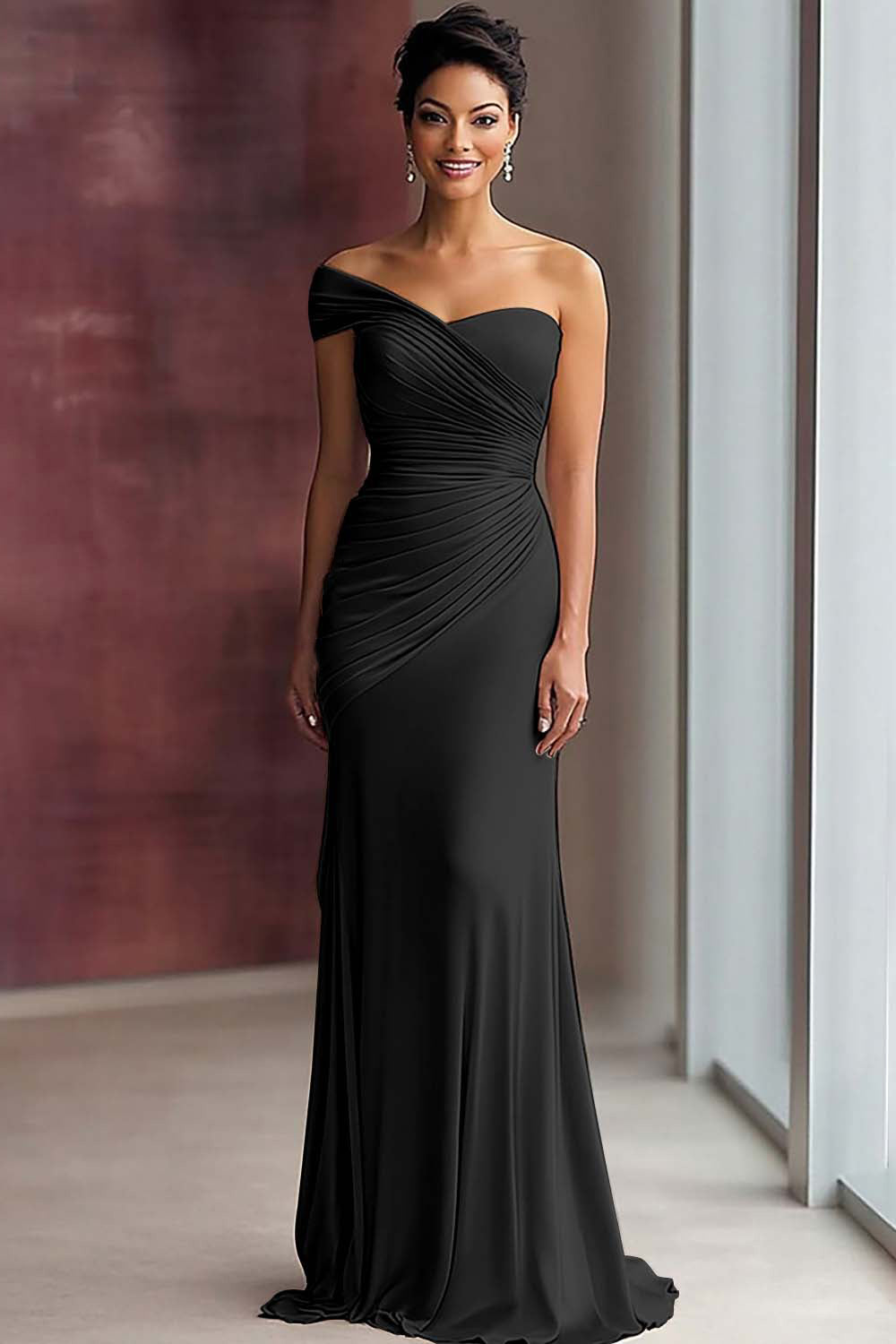 Light Khaki Sheath Jersey One Shoulder Pleated Long Gala Dress