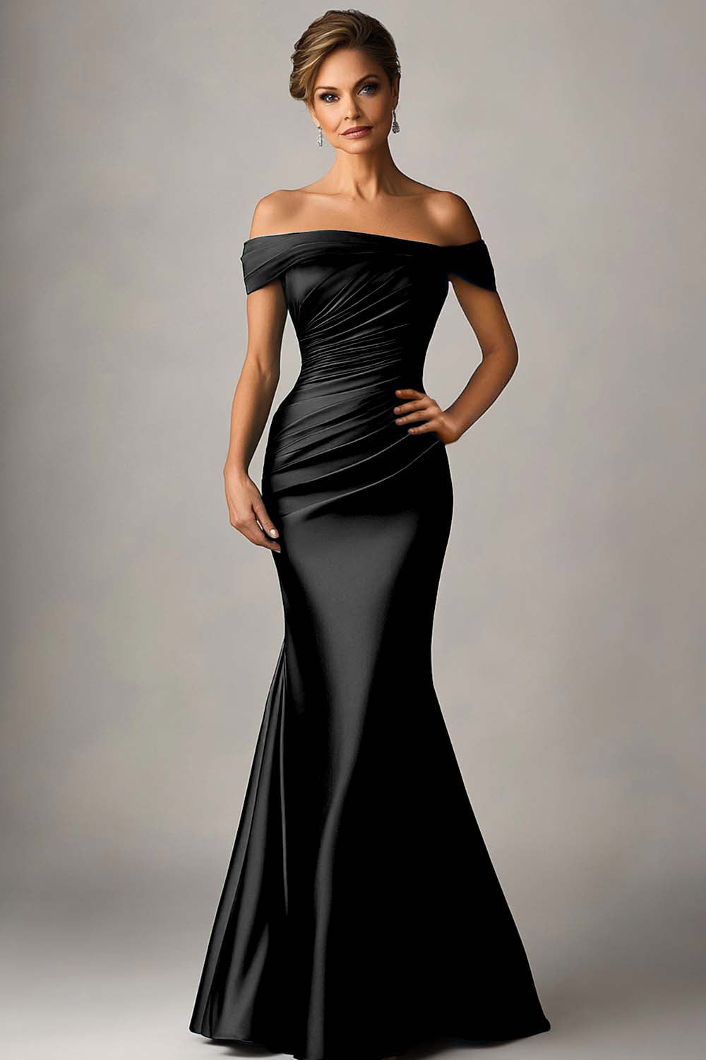 Peacock Blue Satin Mermaid Off The Shoulder Ruched Long Formal Dress