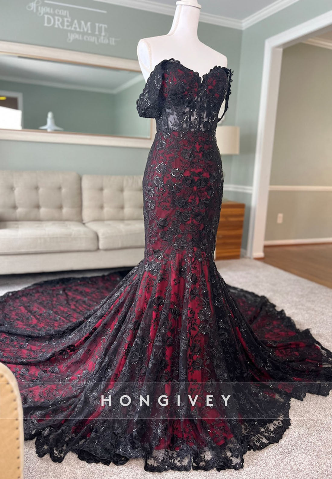 Black and Dark Red Wedding Gown with Cape See Through Mermaid Gown