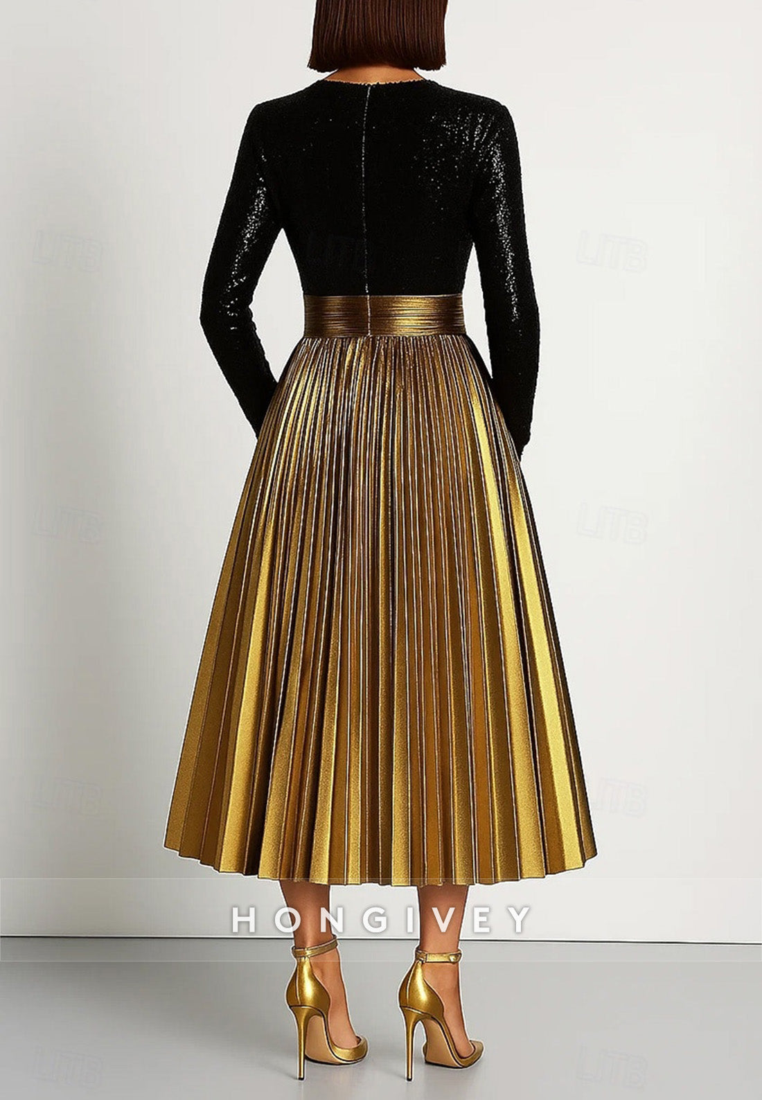 Black and Gold Long Sleeves A-Line Cocktail Dresses with Metallic Gold