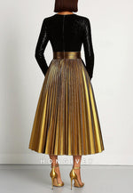 Black and Gold Long Sleeves A-Line Cocktail Dresses with Metallic Golden and Pockets
