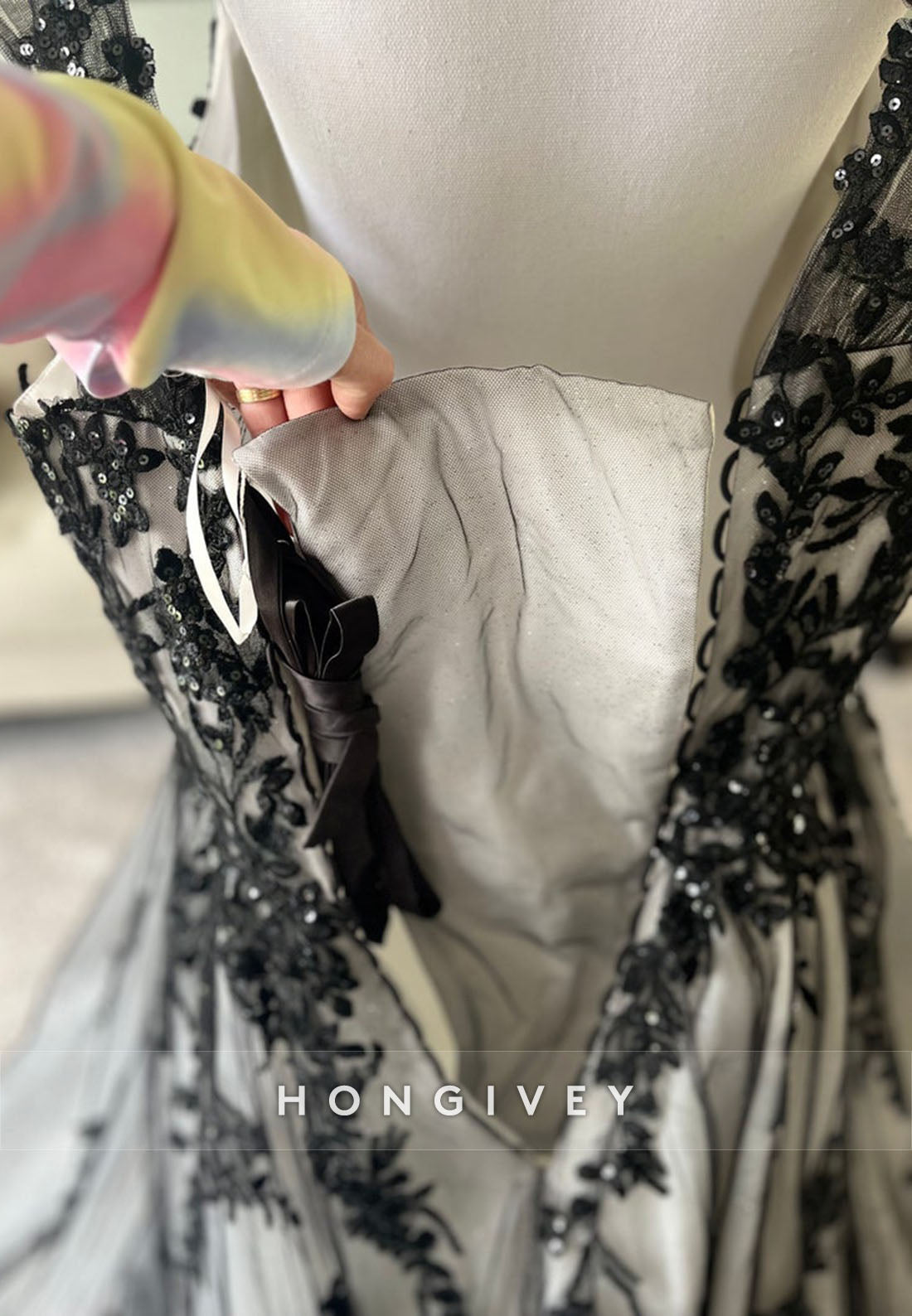 Black and Ivory Cap Sleeves A-Line V Back Wedding Dress with Appliques