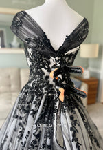 Black and Ivory Cap Sleeves A-Line V Back Wedding Dress with Appliques